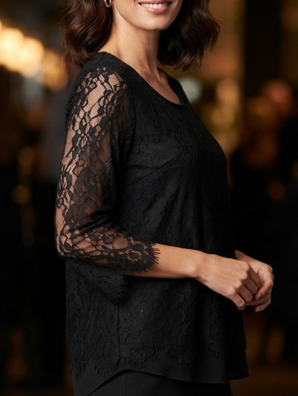 Cleo Black Lace Overlay Three-Quarter Sleeve Blouse - Size Medium